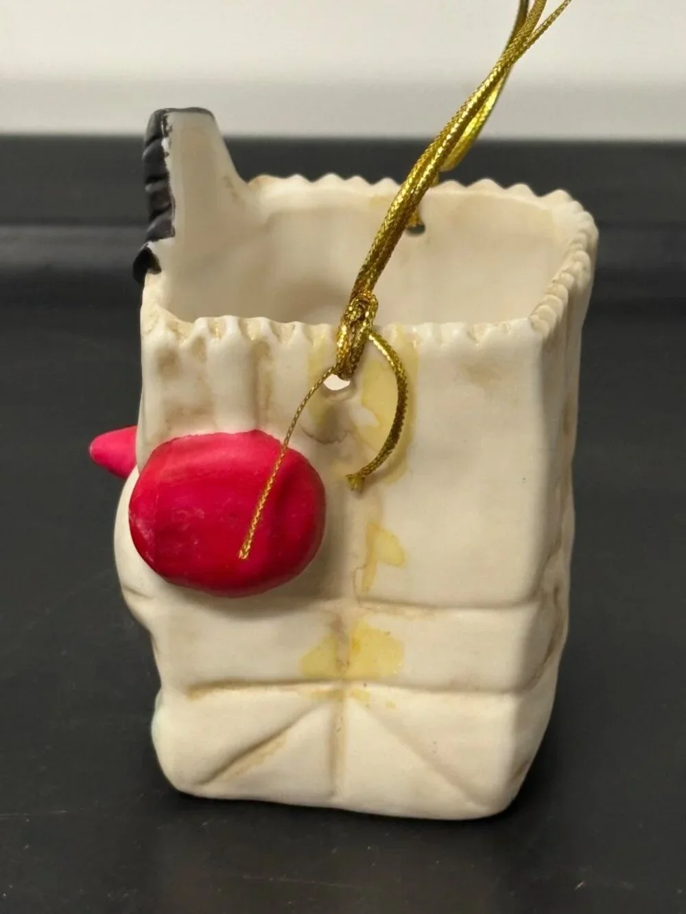 Vintage Bisque porcelain Snowman Christmas Paper Bag Gift Holder Ring Treat Box